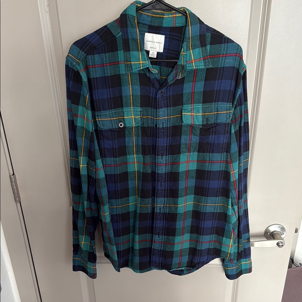 American Eagle Outfitters Blue and Green Casual Button Down Shirt